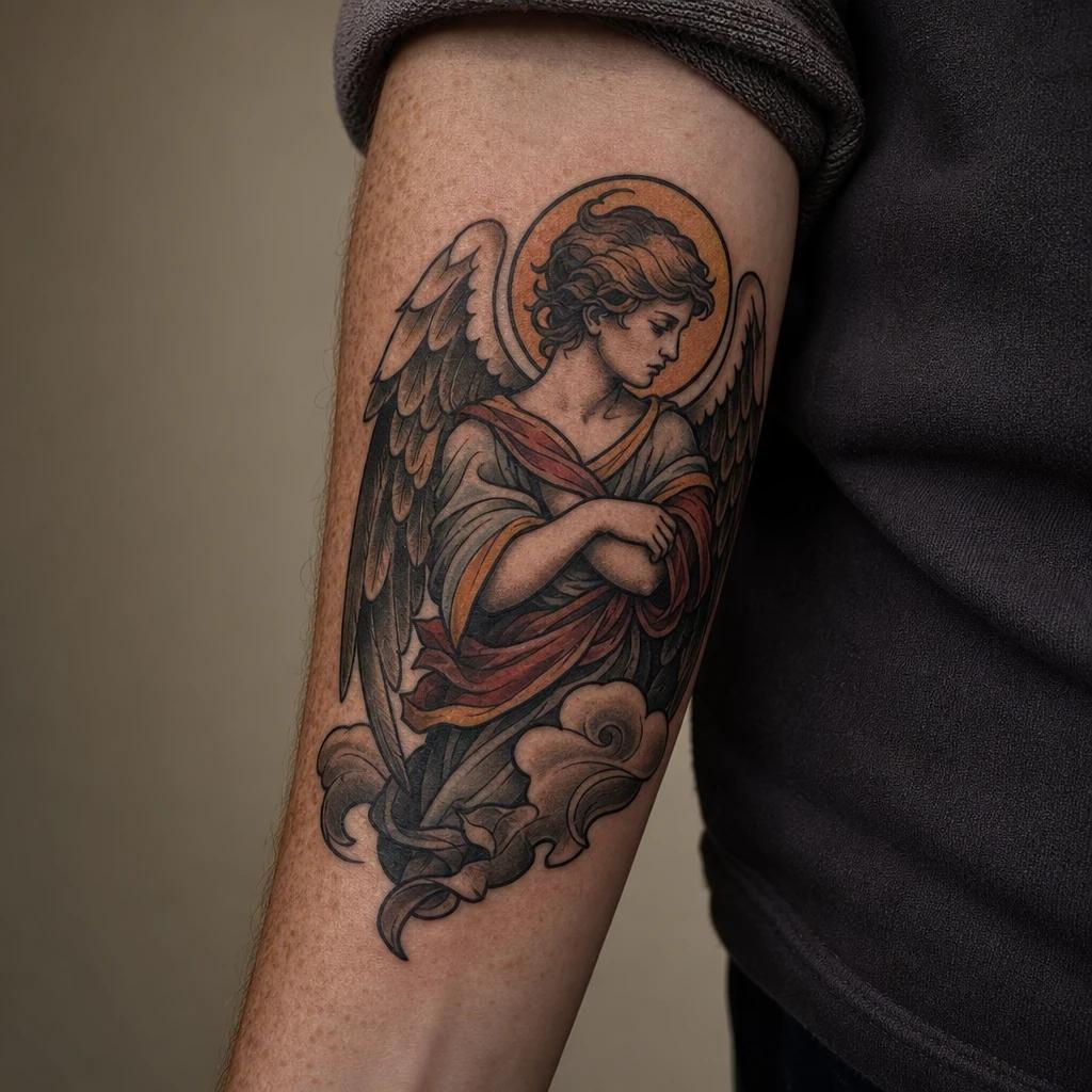 idée tatouage ange ange néo-traditionnel, photo réaliste sur peau