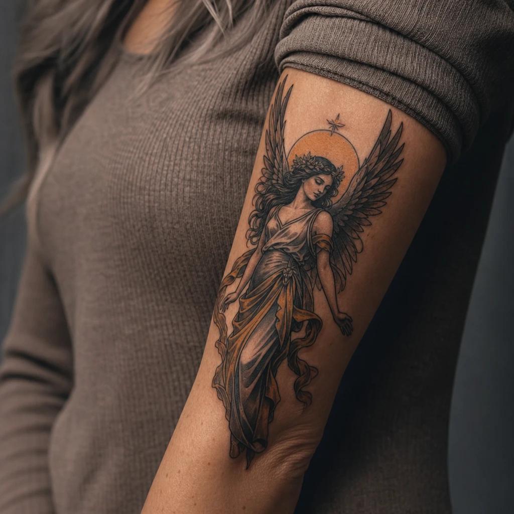 idée tatouage ange ange néo-traditionnel, photo réaliste sur peau