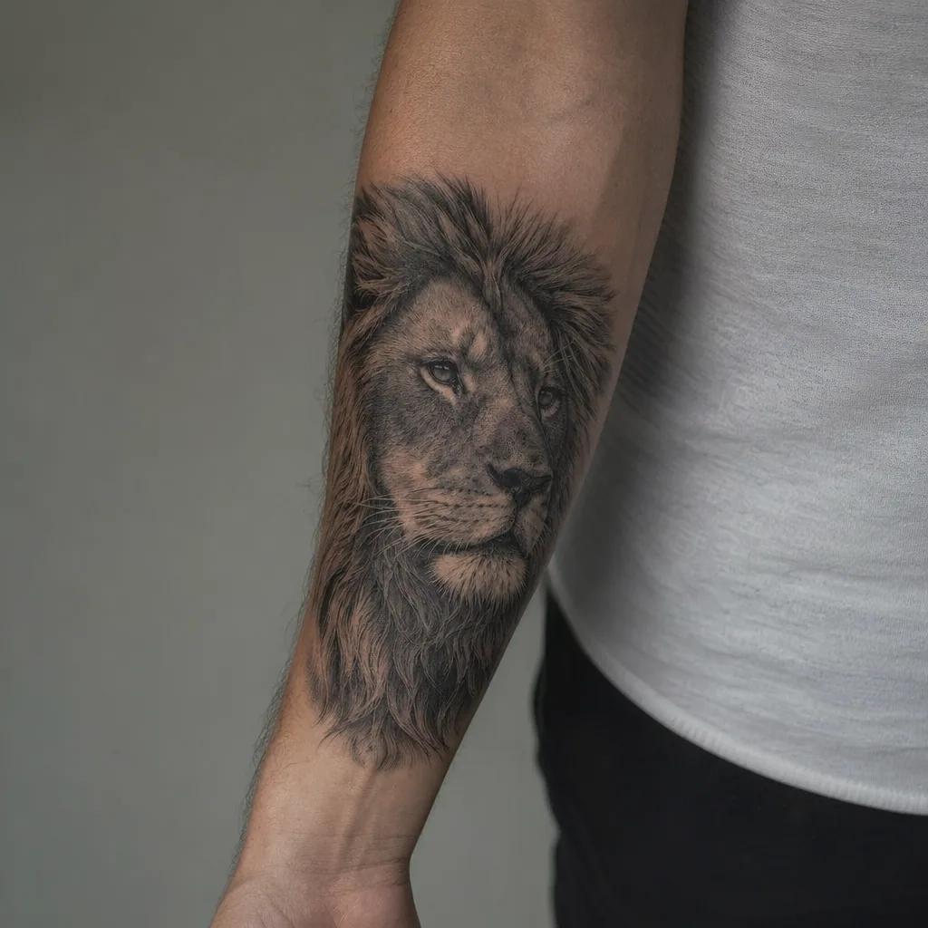 Aperçu d'un tatouage lion réaliste sur un avant-bras grâce à l'essai virtuel 3D