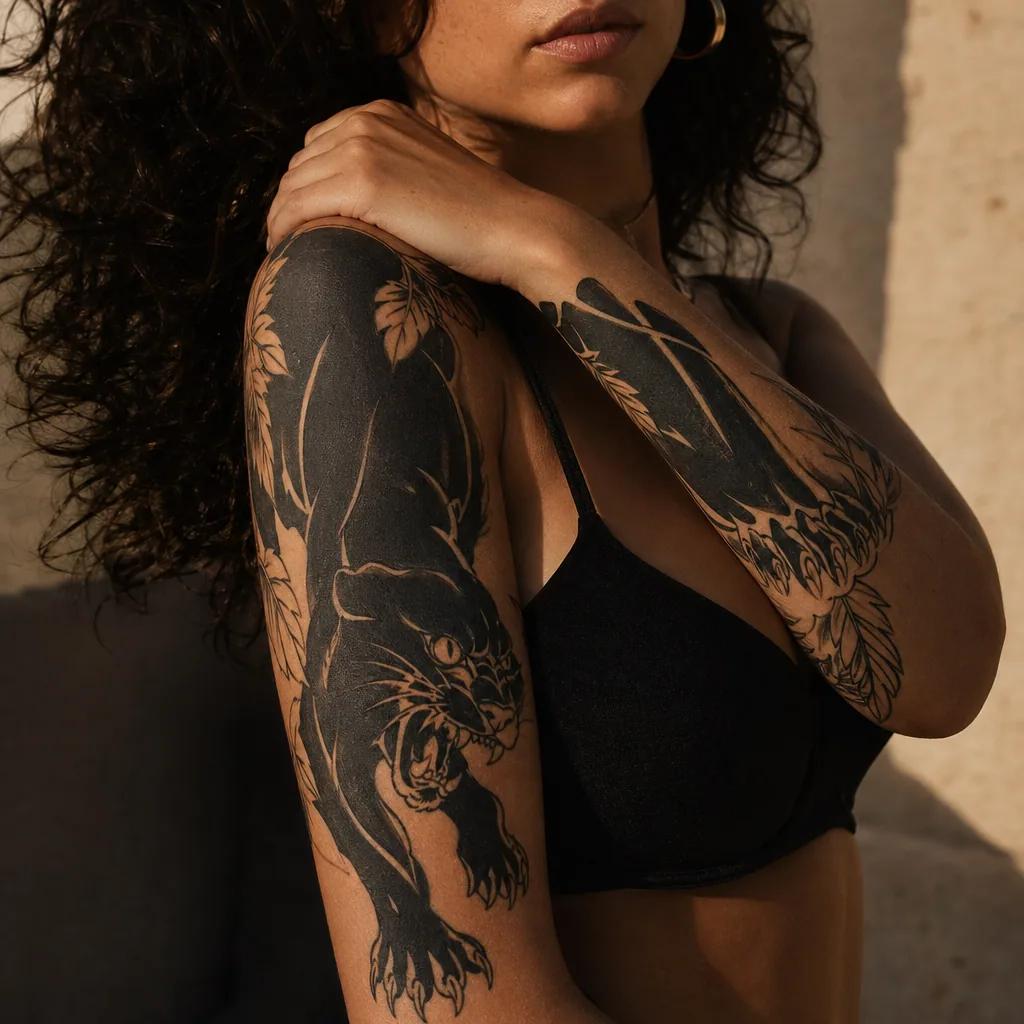 idée tatouage bras panthère blackwork