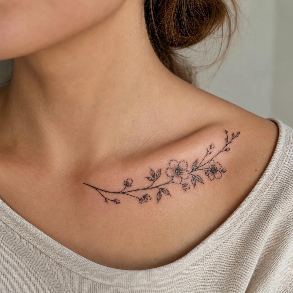 idée tatouage clavicule femme branche fleurie sous-claviculaire, photo réaliste sur peau