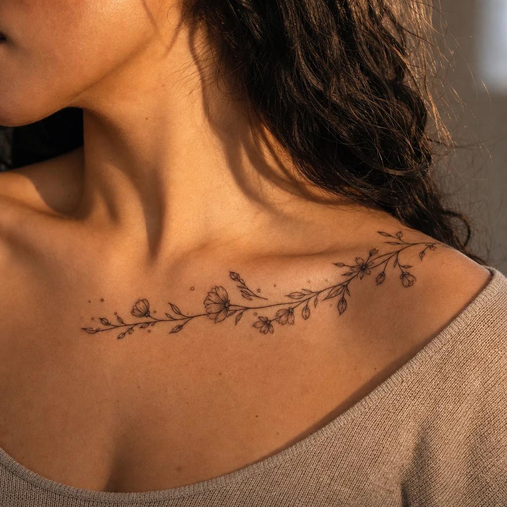 idée tatouage clavicule femme branche fleurie sous-claviculaire, photo réaliste sur peau