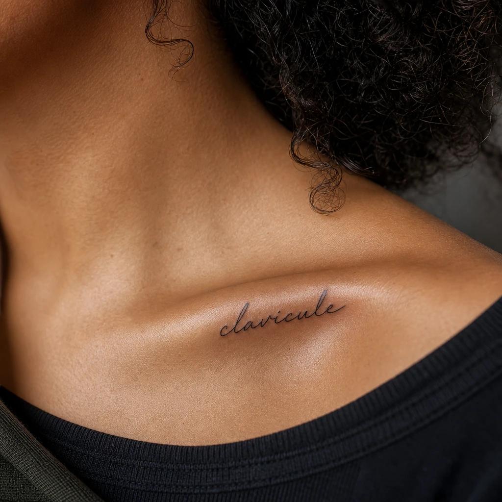 idée tatouage clavicule femme phrase manuscrite clavicule, photo réaliste sur peau
