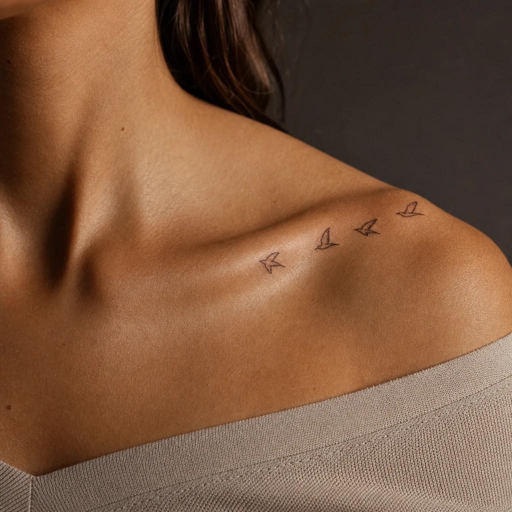 idée tatouage clavicule femme envol oiseaux minimalistes, photo réaliste sur peau