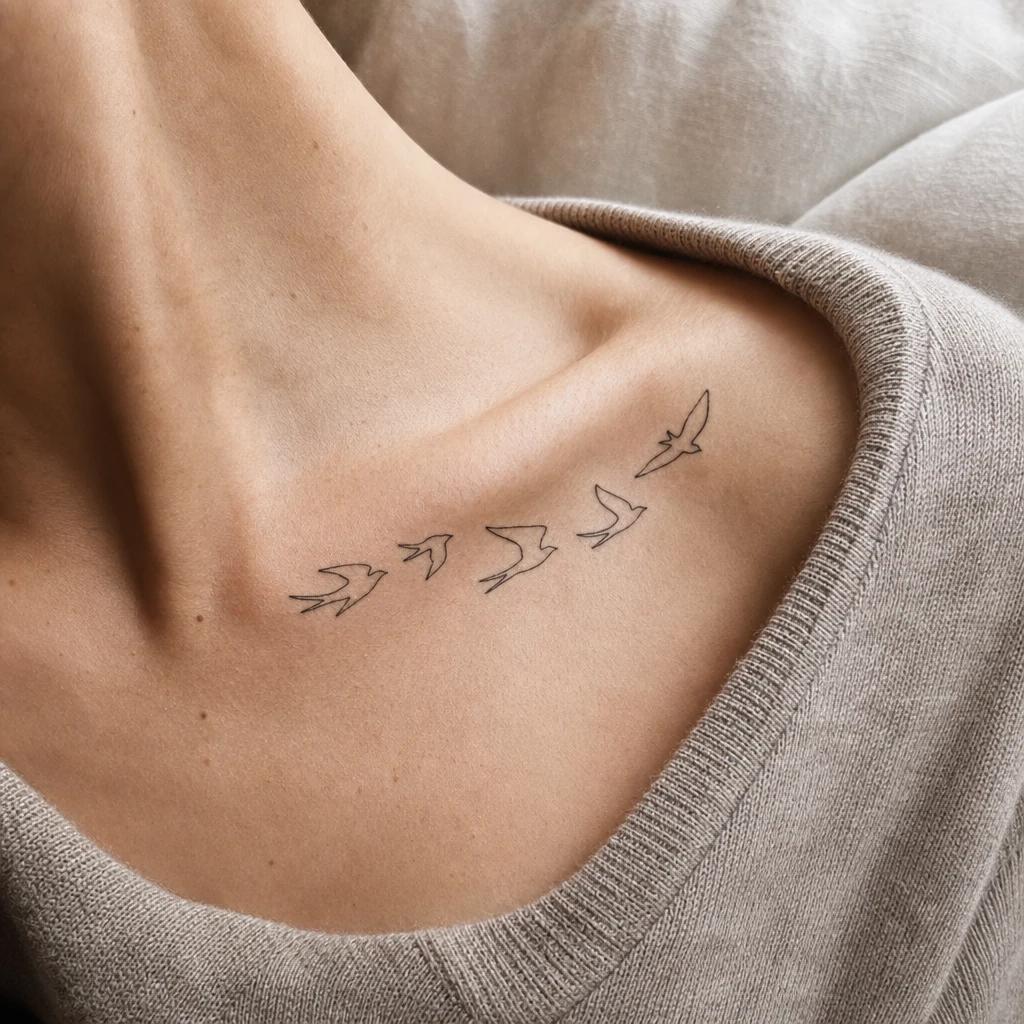 idée tatouage clavicule femme envol oiseaux minimalistes, photo réaliste sur peau