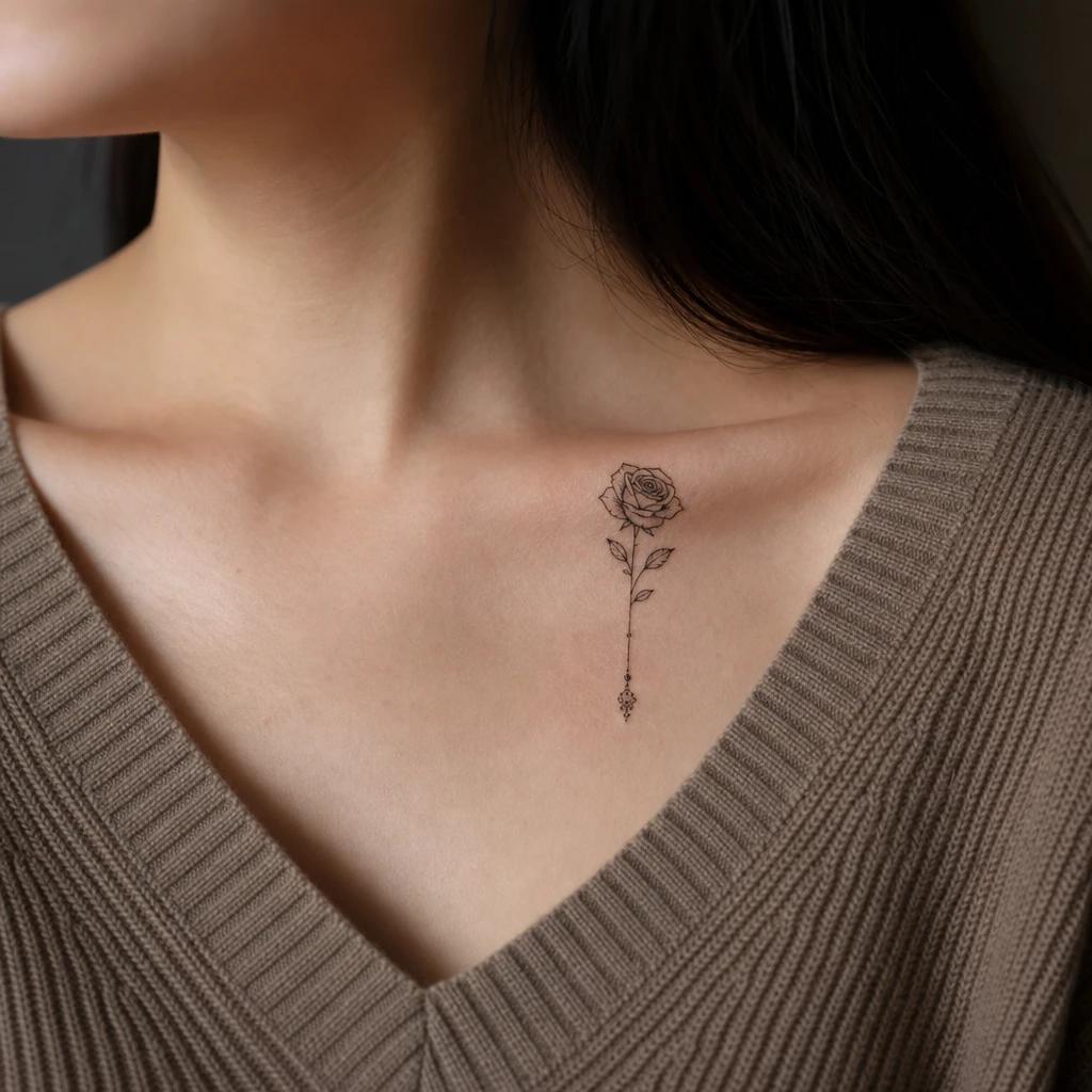 idée tatouage clavicule femme rose fine line pendante, photo réaliste sur peau