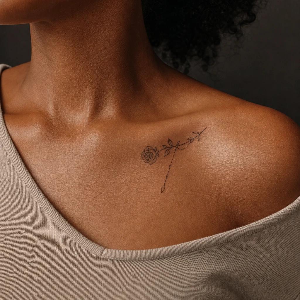 idée tatouage clavicule femme rose fine line pendante, photo réaliste sur peau