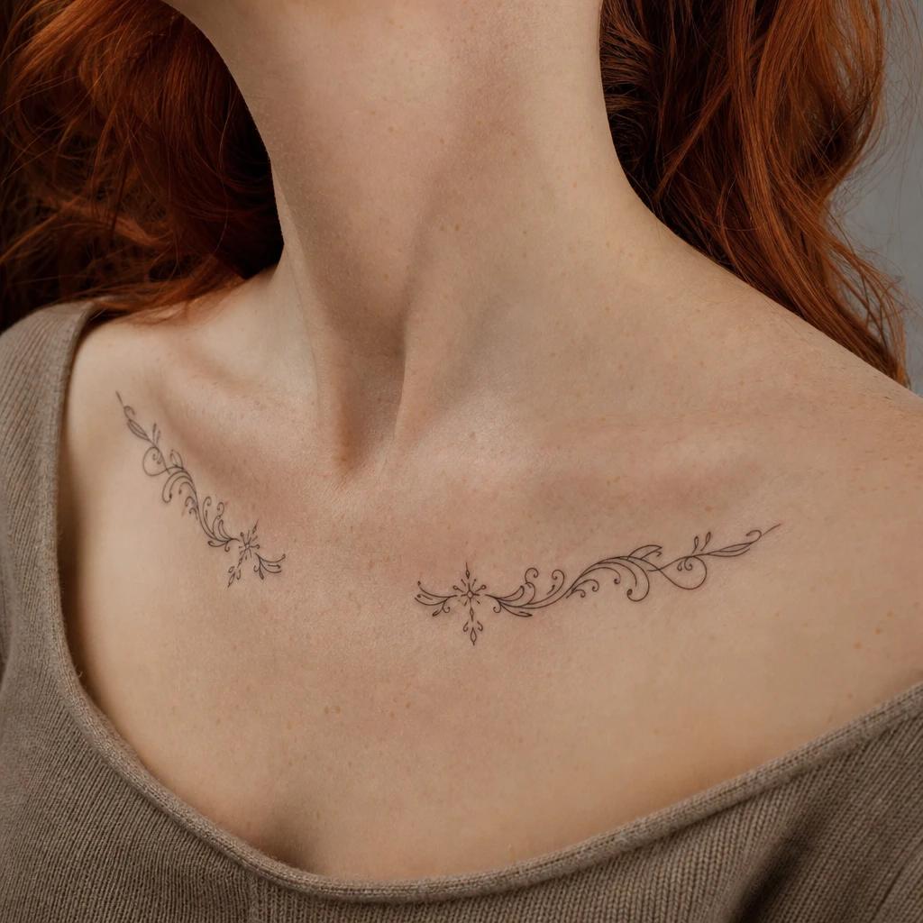 idée tatouage clavicule femme ornement symetrique double, photo réaliste sur peau
