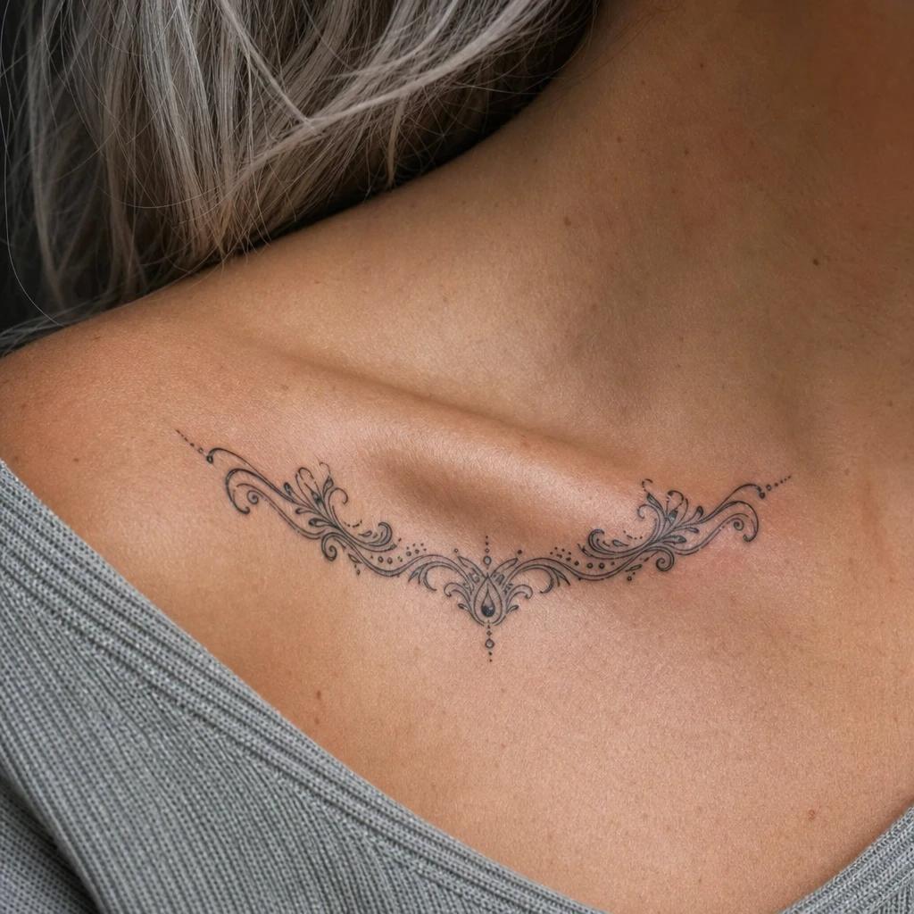 idée tatouage clavicule femme ornement symetrique double, photo réaliste sur peau