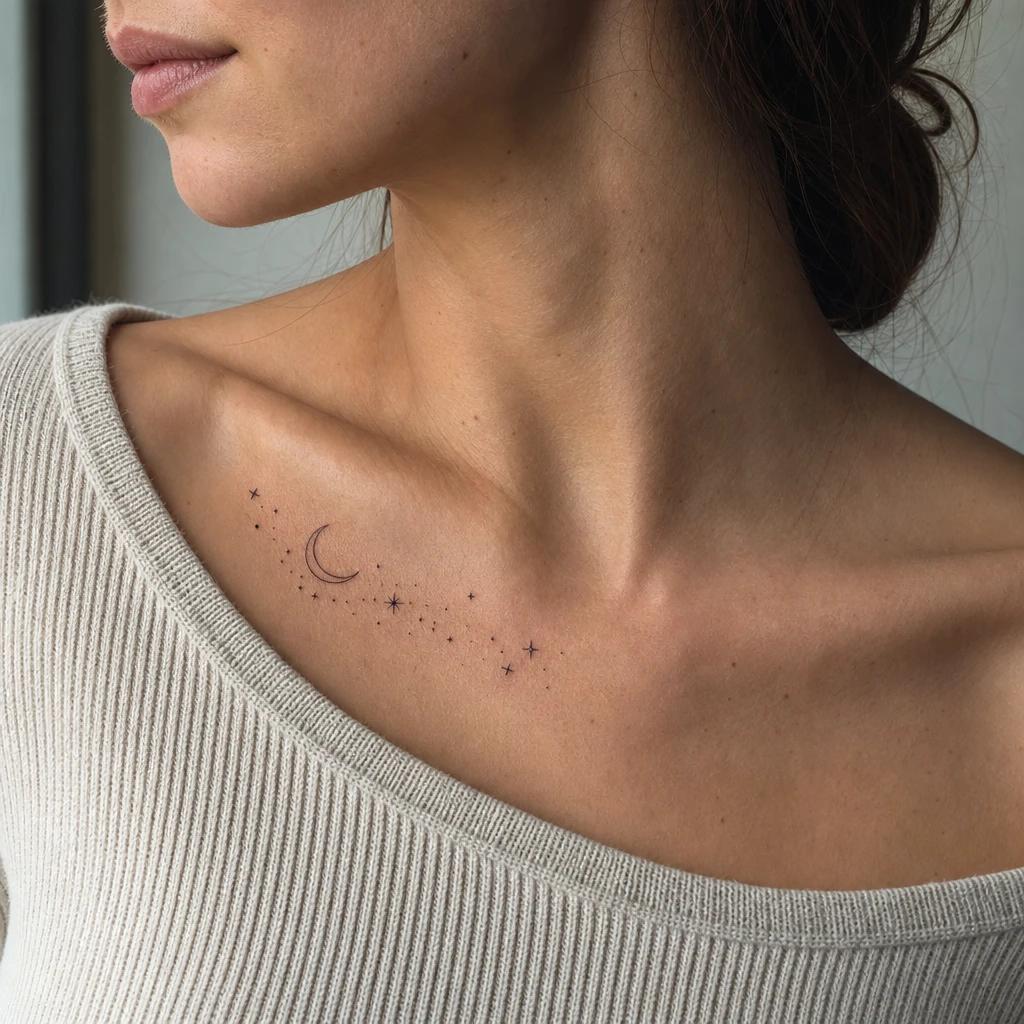 idée tatouage clavicule femme lune et etoiles creux claviculaire, photo réaliste sur peau