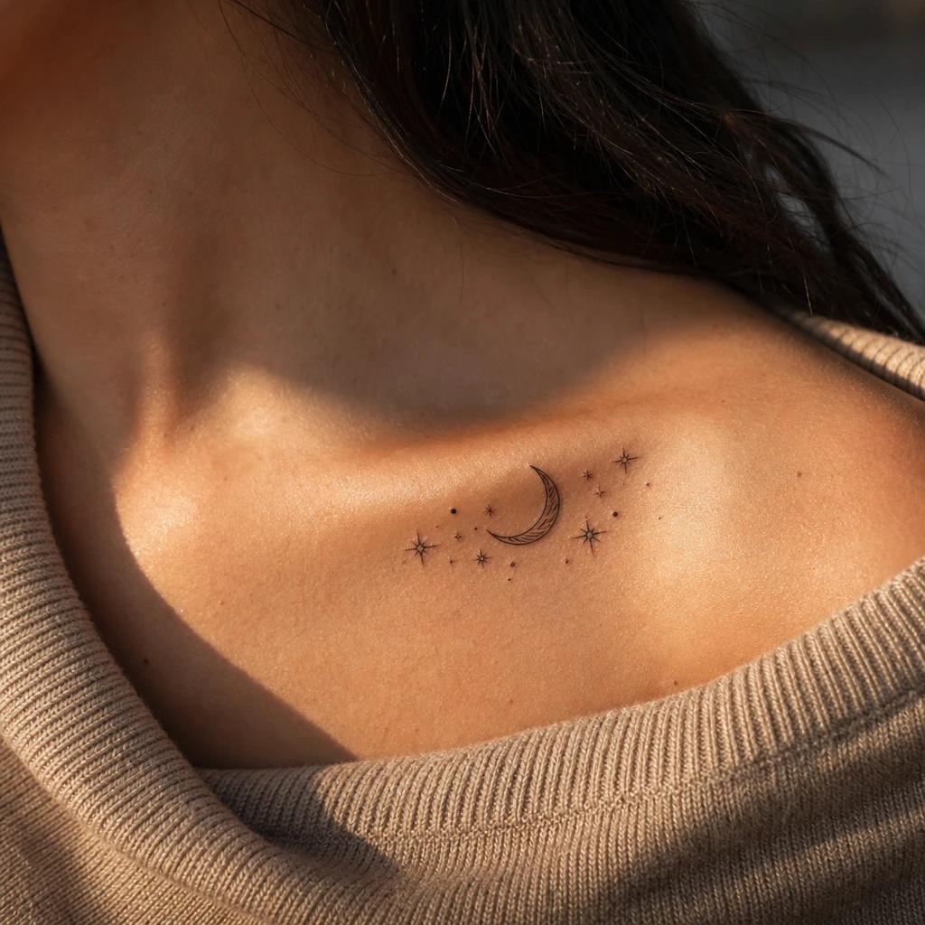 idée tatouage clavicule femme lune et etoiles creux claviculaire, photo réaliste sur peau
