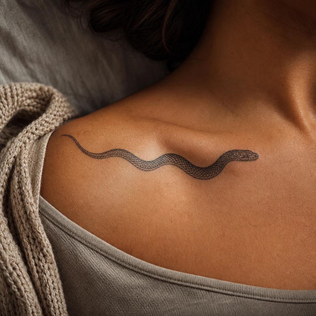 idée tatouage clavicule femme serpent epouse la clavicule, photo réaliste sur peau