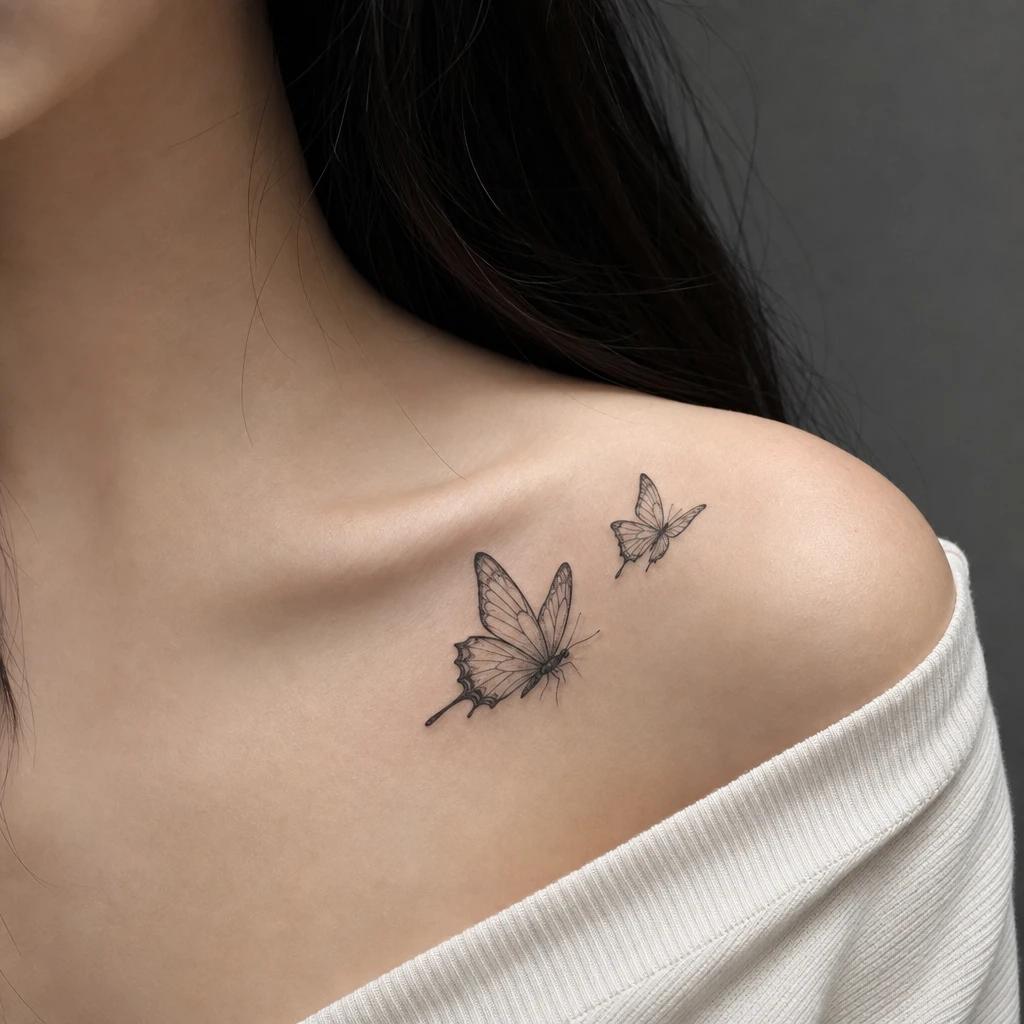 idée tatouage clavicule femme papillons asymetriques, photo réaliste sur peau