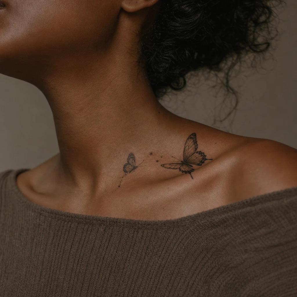 idée tatouage clavicule femme papillons asymetriques, photo réaliste sur peau