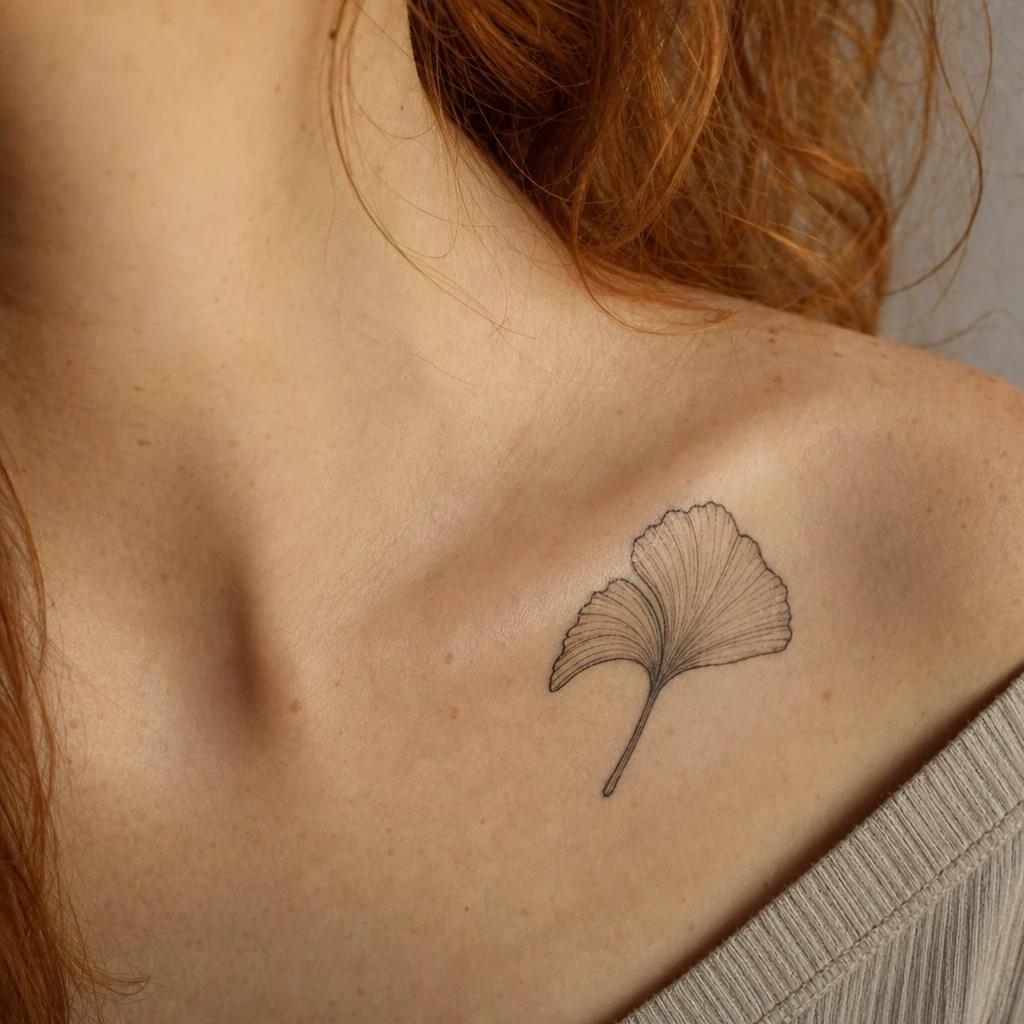 idée tatouage clavicule femme feuille de gingko japonisante, photo réaliste sur peau
