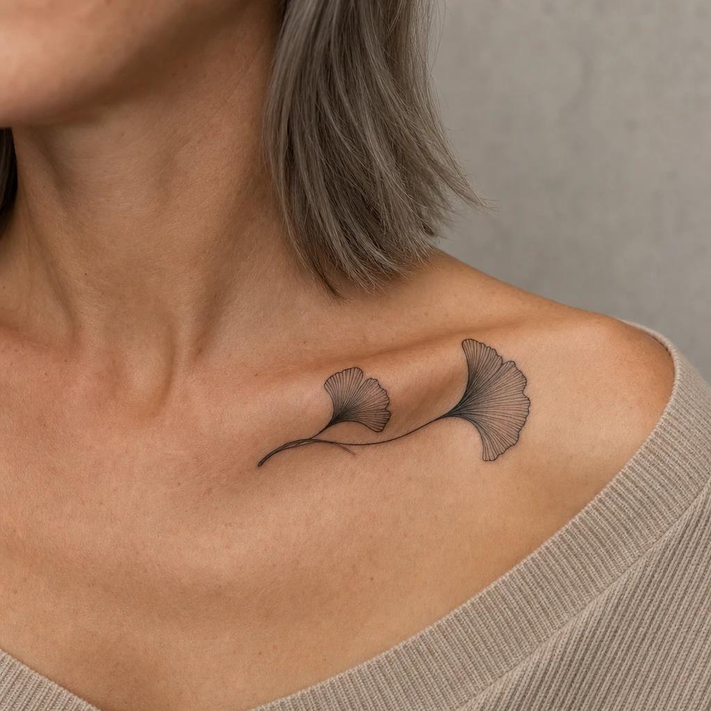 idée tatouage clavicule femme feuille de gingko japonisante, photo réaliste sur peau