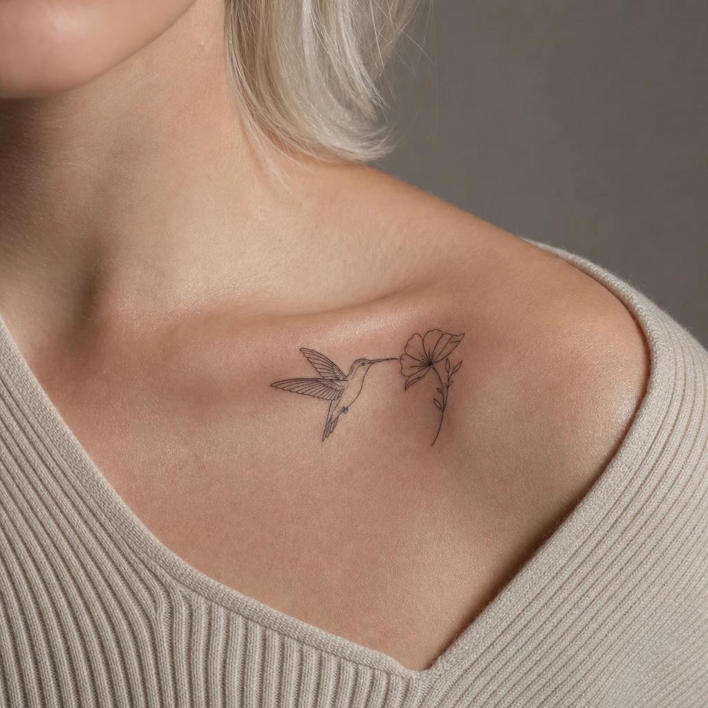 idée tatouage colibri colibri et fleur fine line, photo réaliste sur peau