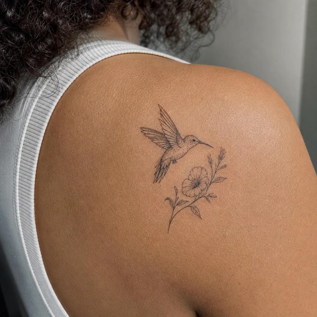 idée tatouage colibri colibri et fleur fine line, photo réaliste sur peau