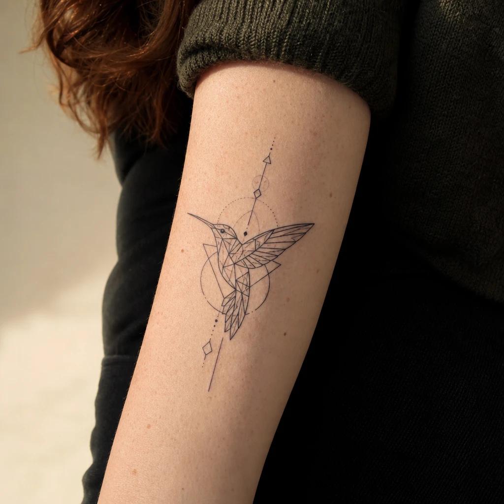 idée tatouage colibri colibri géométrique, photo réaliste sur peau