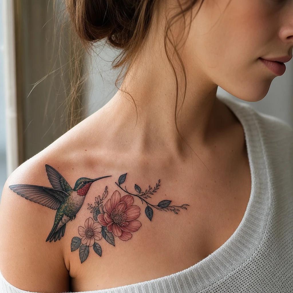 idée tatouage colibri colibri et fleurs néo-traditionnel, photo réaliste sur peau