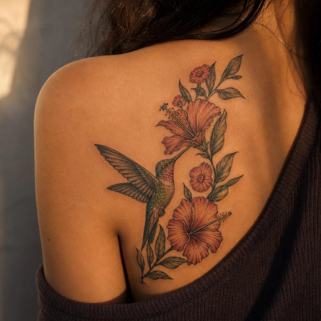idée tatouage colibri colibri et fleurs néo-traditionnel, photo réaliste sur peau