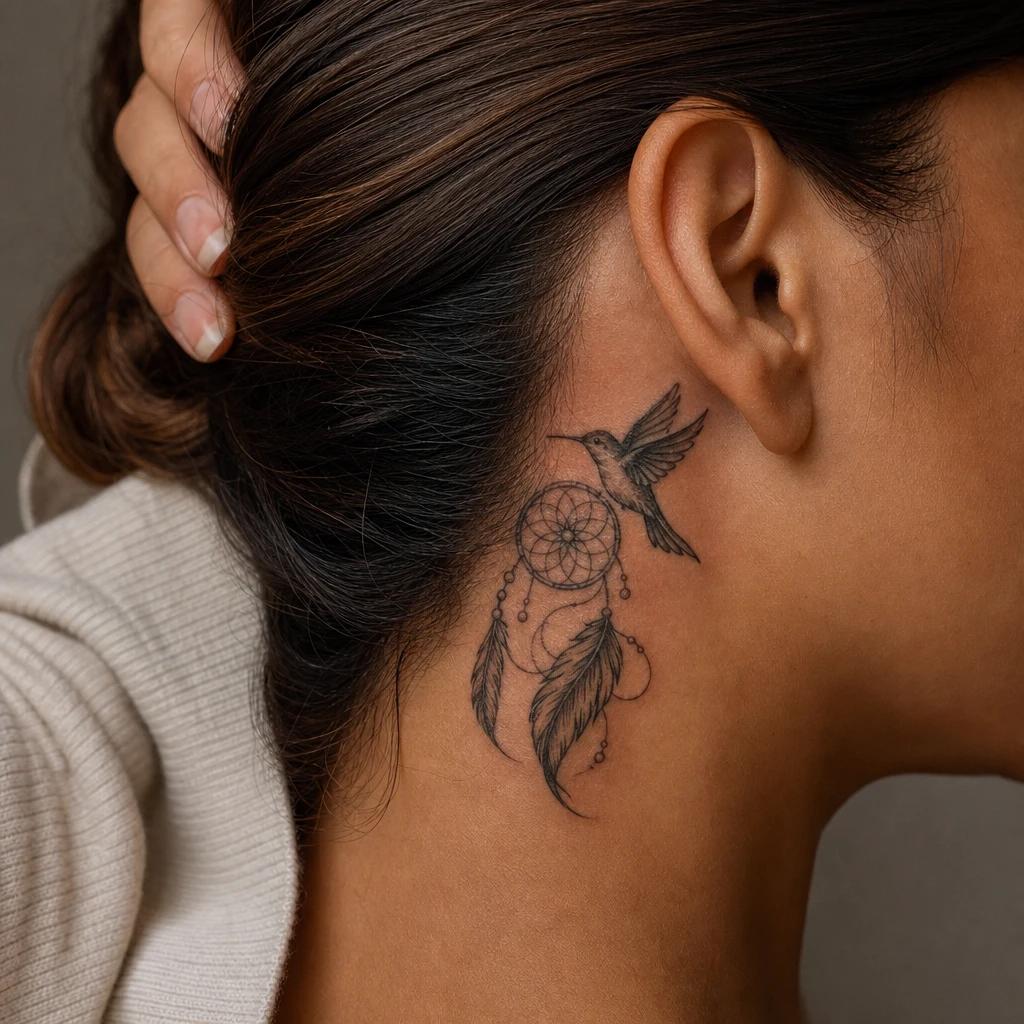 idée tatouage colibri colibri et attrape-rêve, photo réaliste sur peau