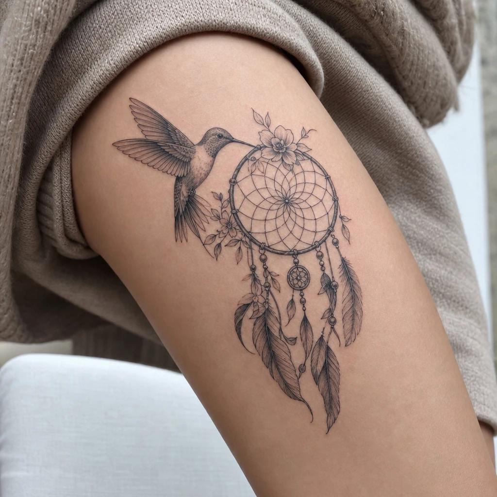 idée tatouage colibri colibri et attrape-rêve, photo réaliste sur peau