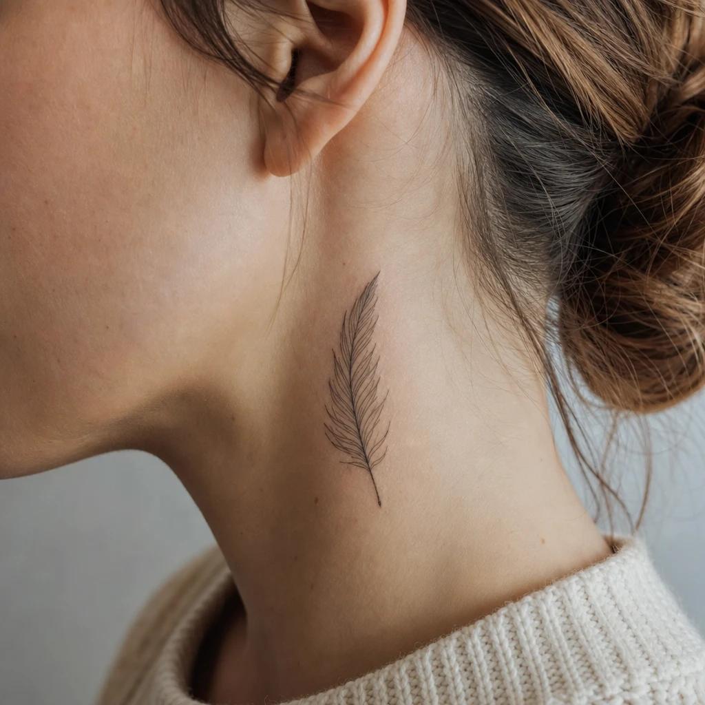 idée tatouage cou femme plume fine line côté cou