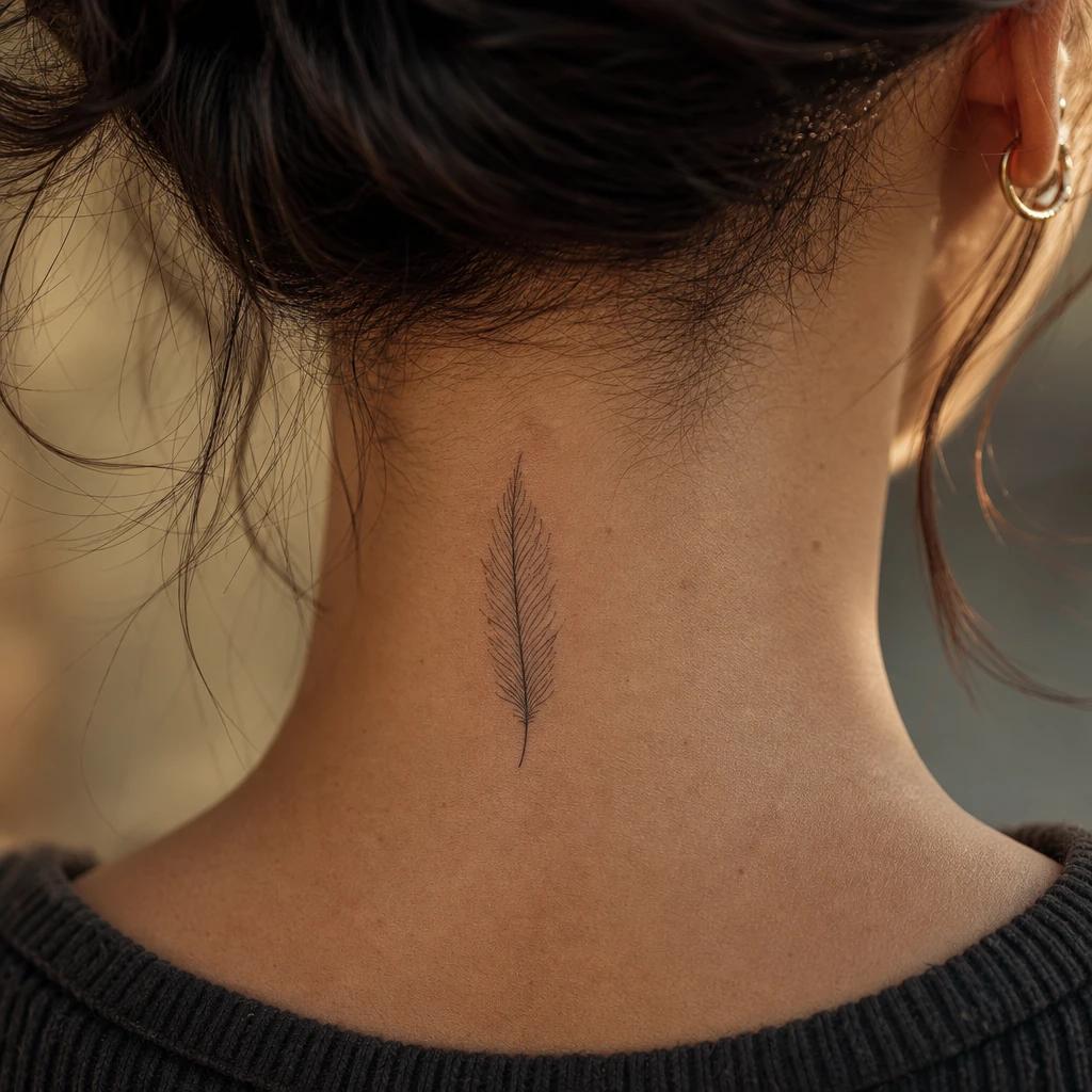 idée tatouage cou femme plume fine line côté cou