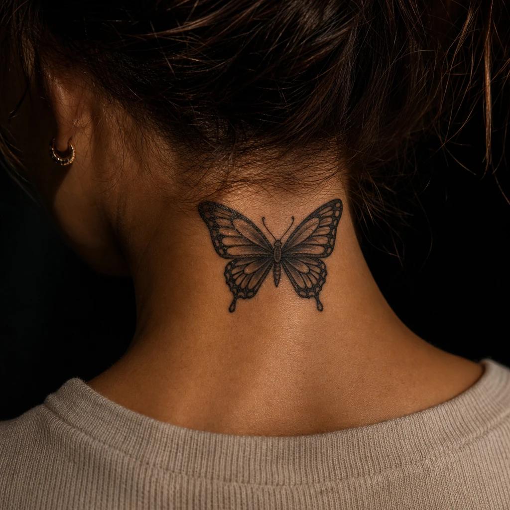 idée tatouage cou femme papillon néo-traditionnel