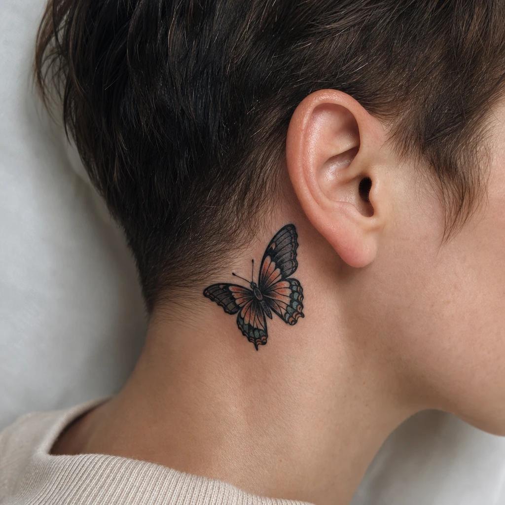 idée tatouage cou femme papillon néo-traditionnel
