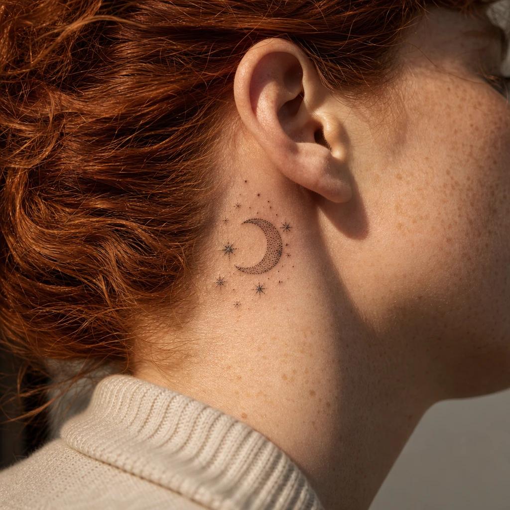 idée tatouage cou femme lune et étoiles dotwork