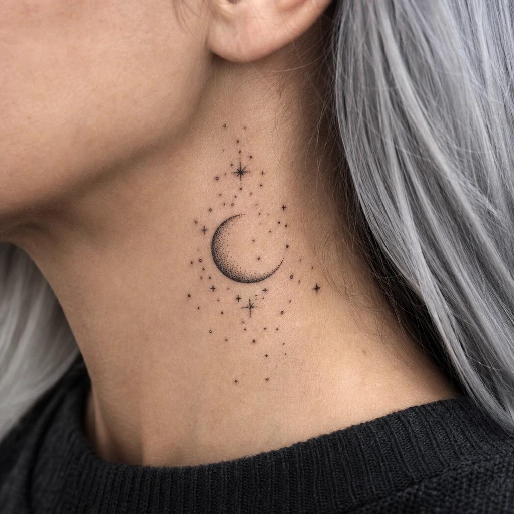 idée tatouage cou femme lune et étoiles dotwork