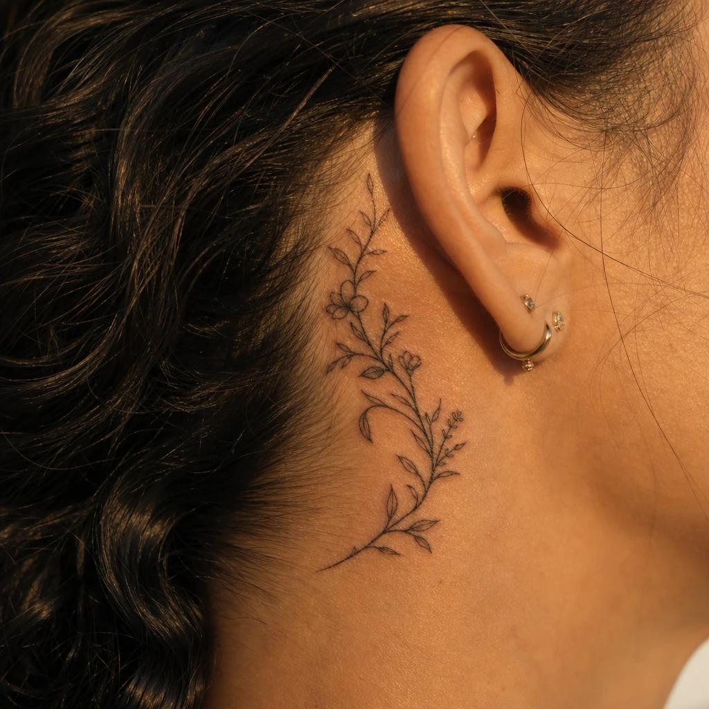 idée tatouage cou femme branche fleurie