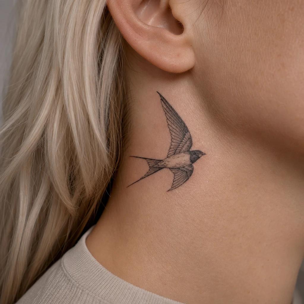 idée tatouage cou femme hirondelle délicate