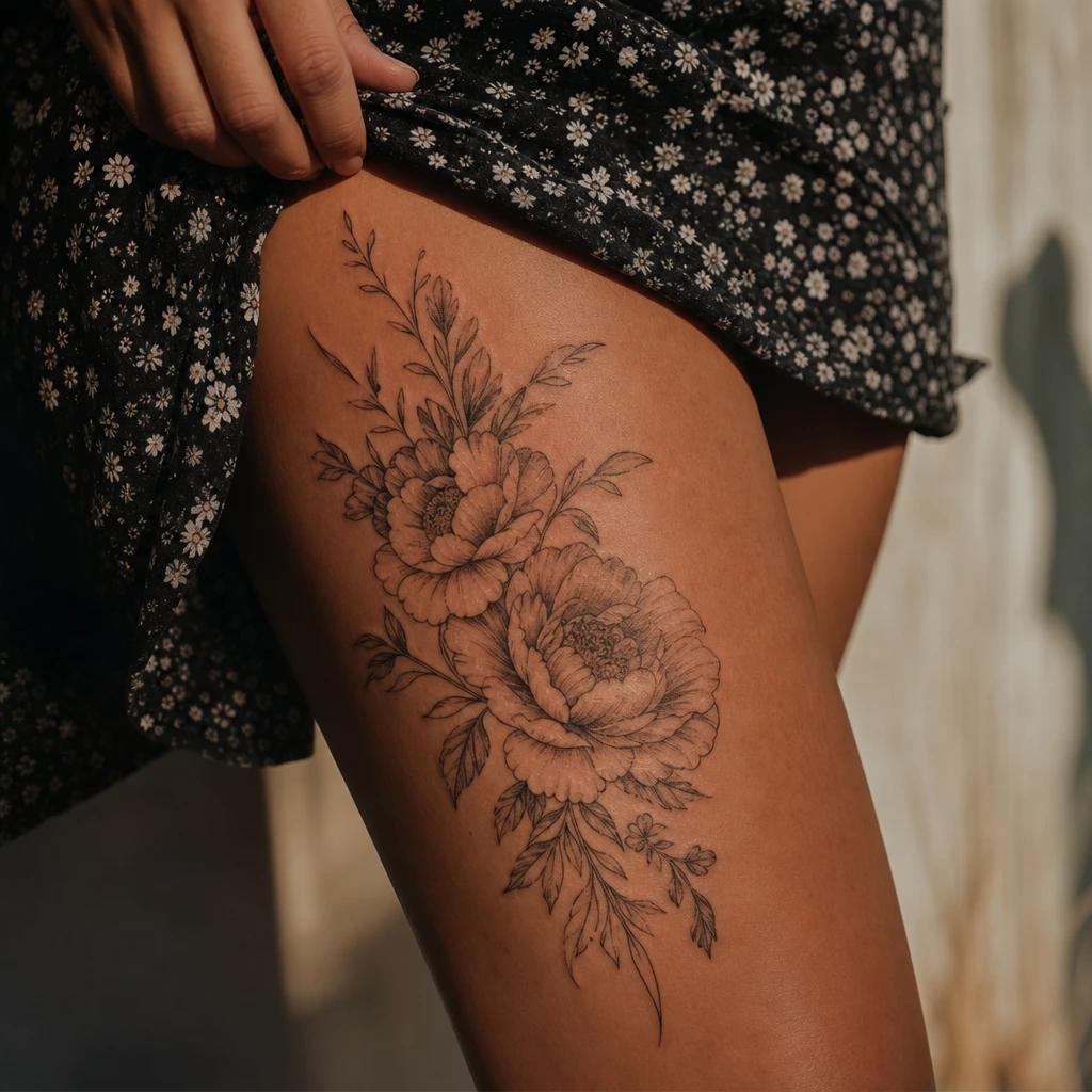 idée tatouage cuisse femme grande pièce florale