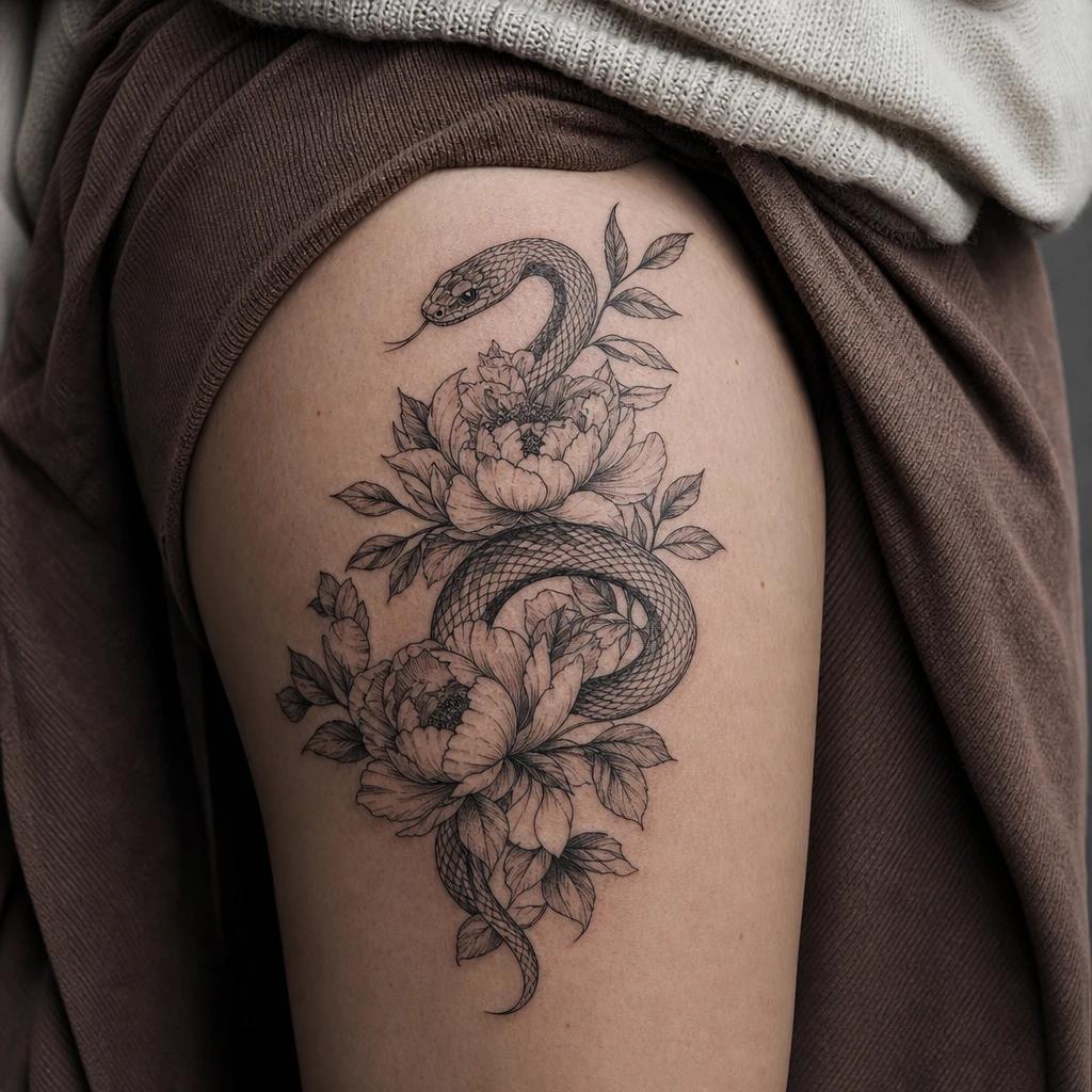 idée tatouage cuisse femme serpent et fleurs
