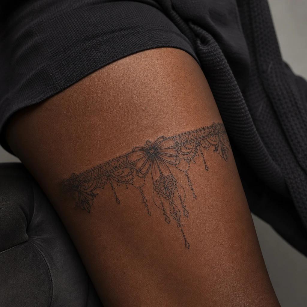 idée tatouage cuisse femme jarretière ornementale