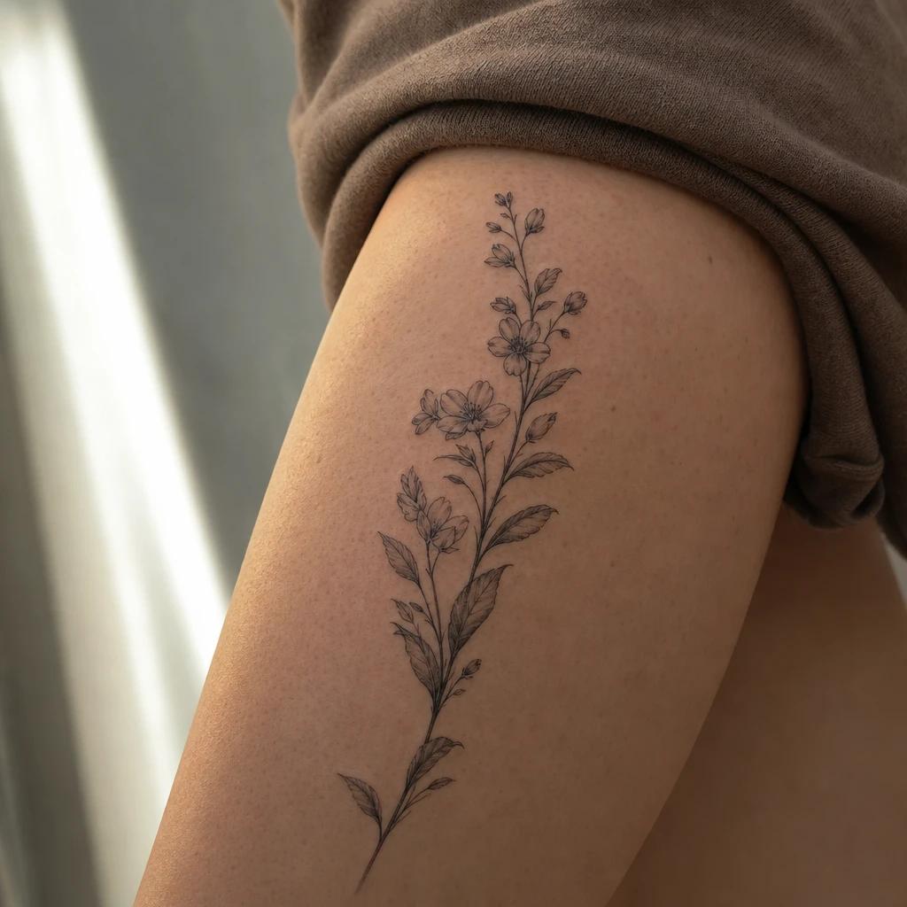 idée tatouage cuisse femme branche fleurie verticale