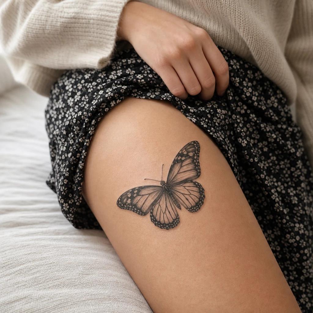idée tatouage cuisse femme papillon réaliste