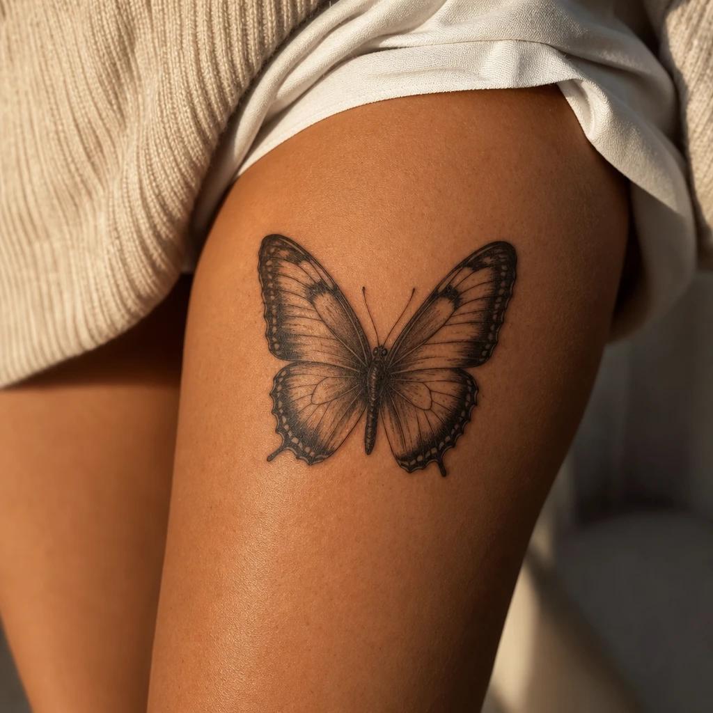 idée tatouage cuisse femme papillon réaliste