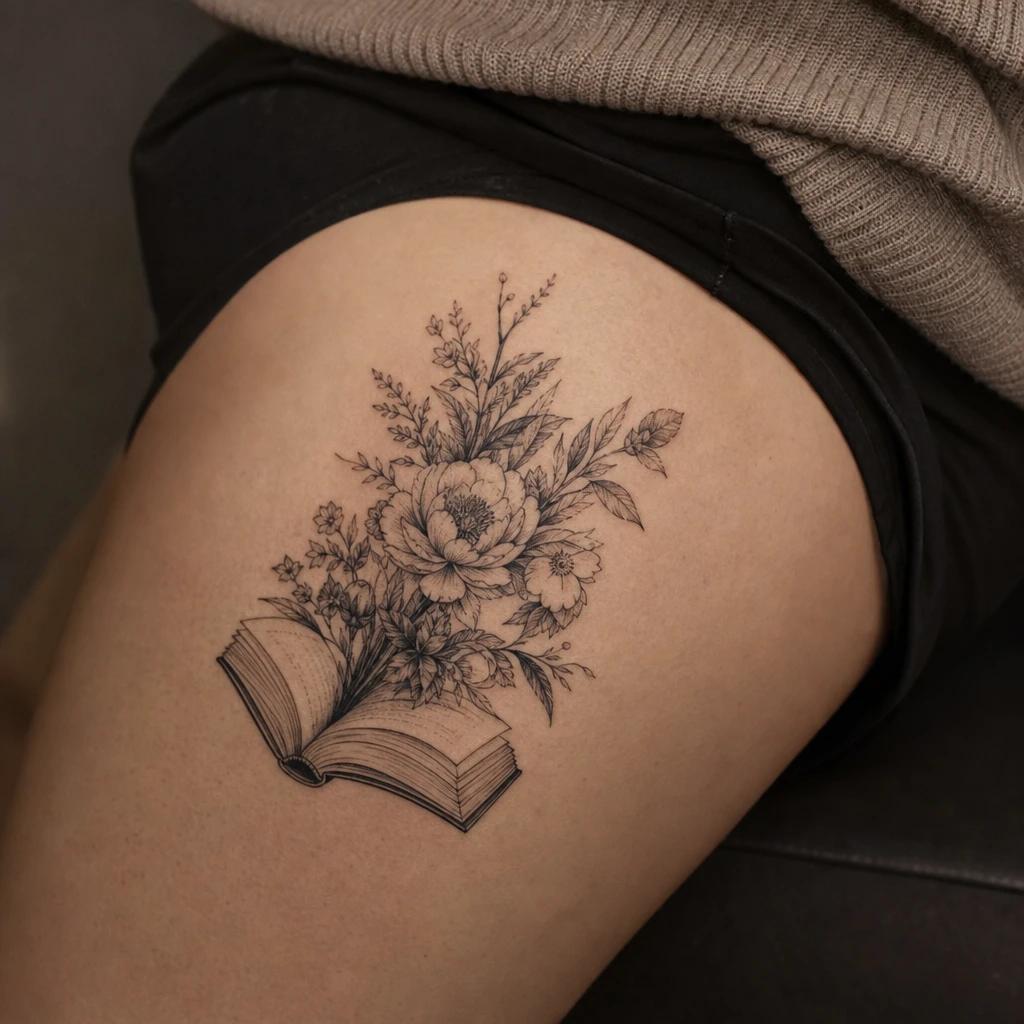 idée tatouage cuisse femme citation et fleurs