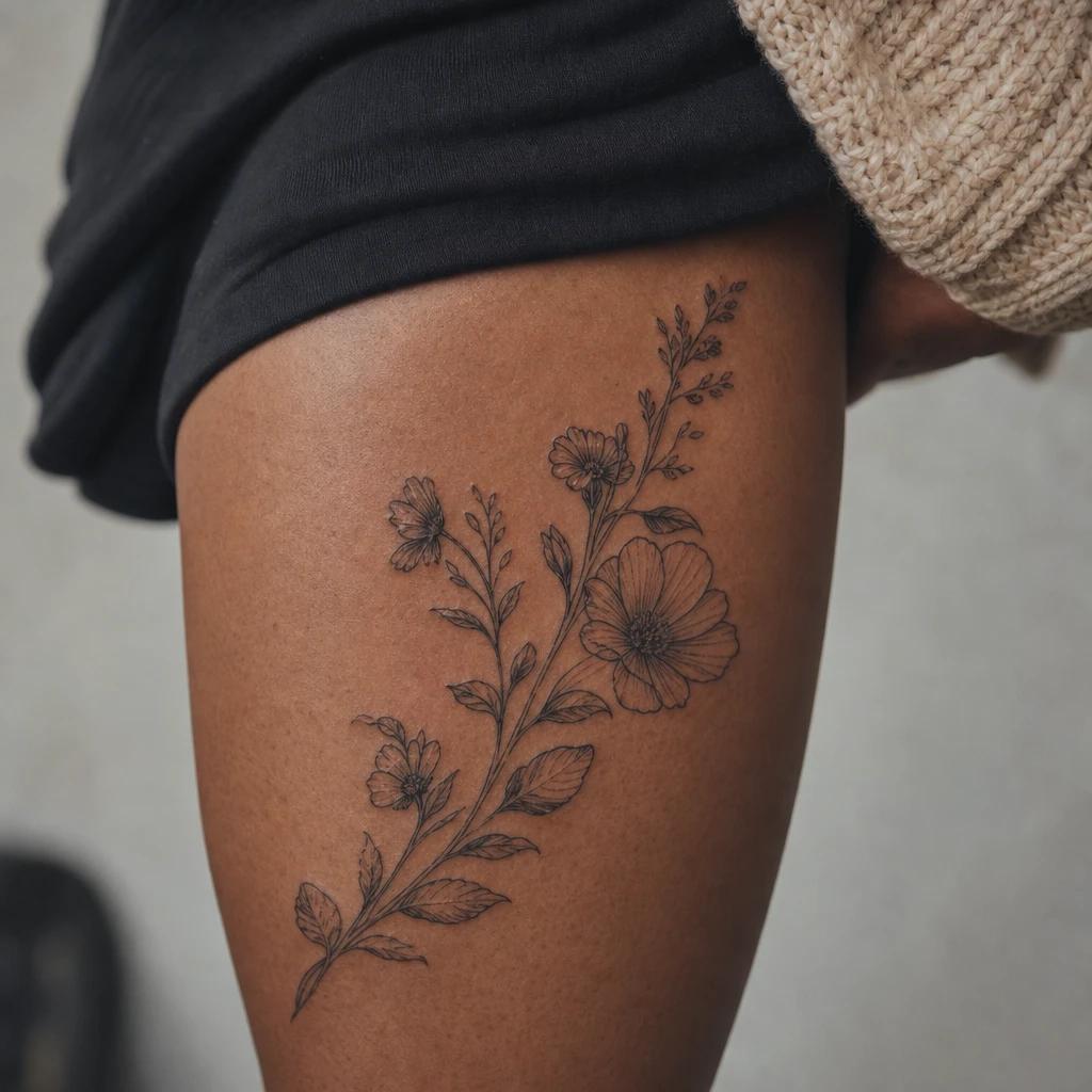 idée tatouage cuisse femme citation et fleurs