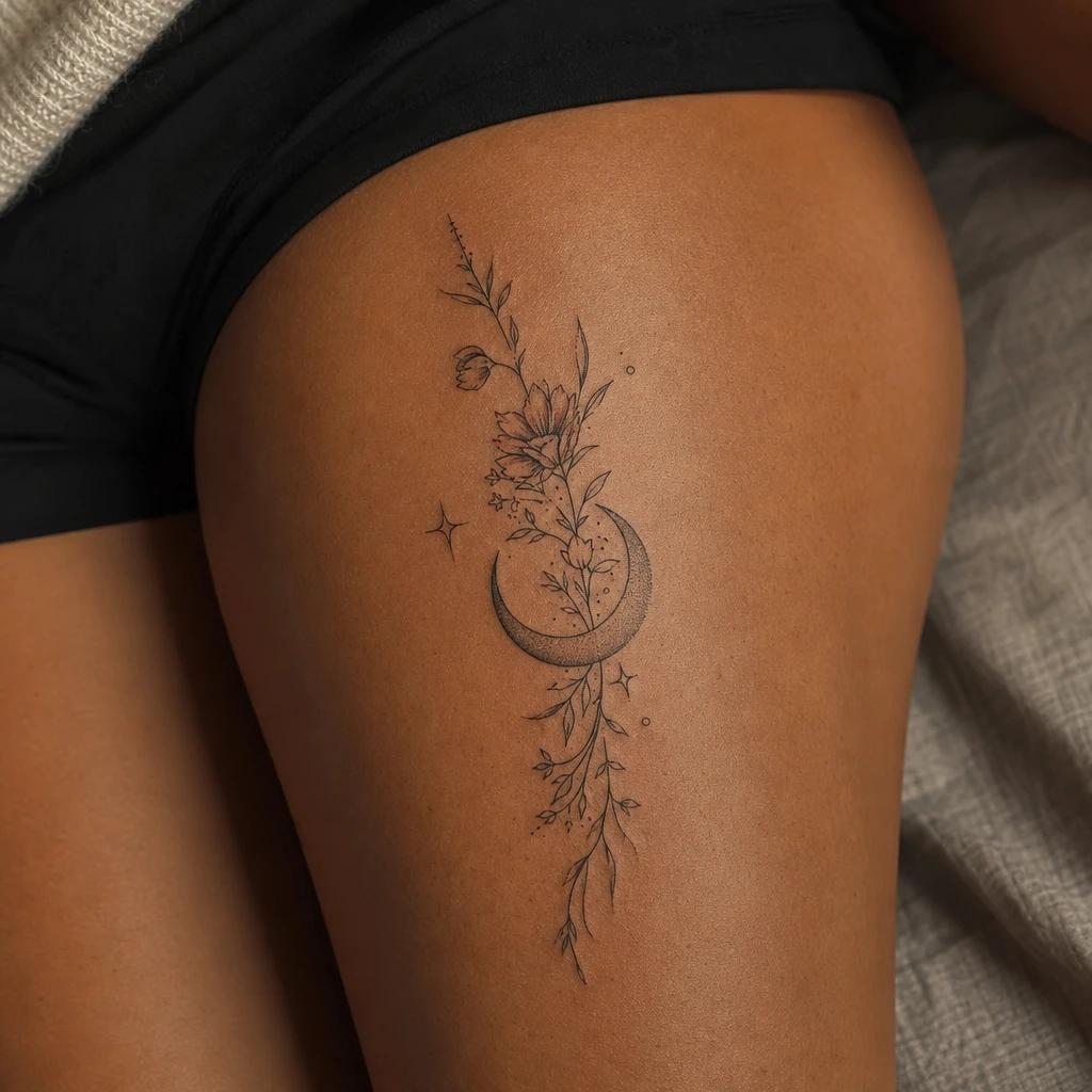 idée tatouage cuisse femme lune et botanique