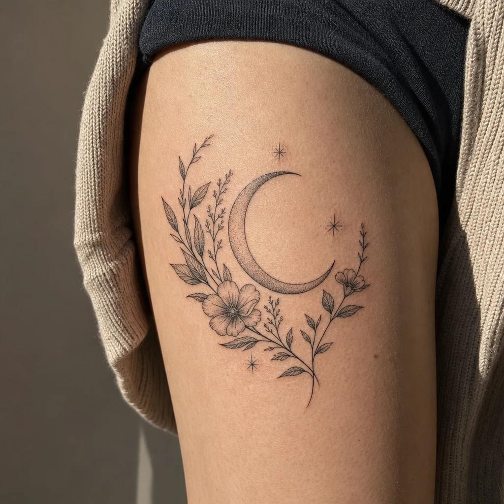 idée tatouage cuisse femme lune et botanique