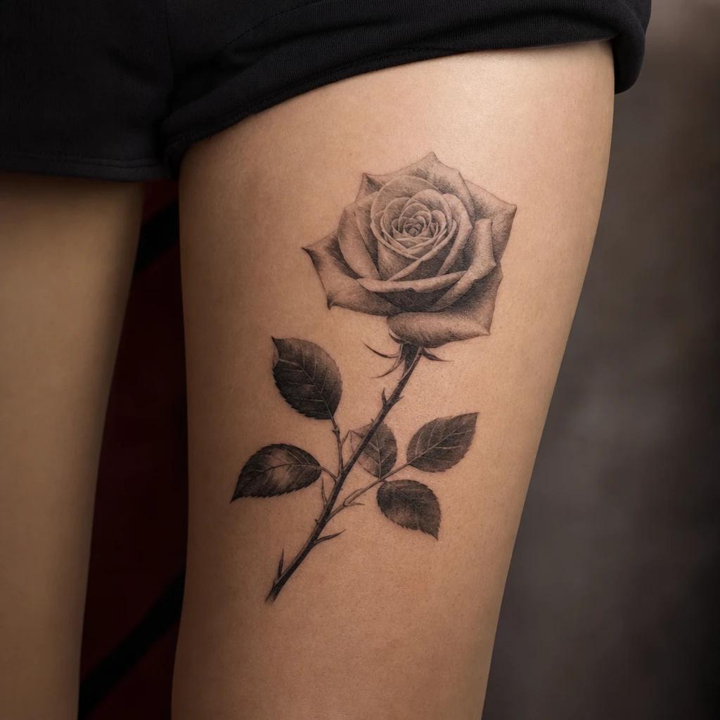 idée tatouage cuisse femme rose réaliste