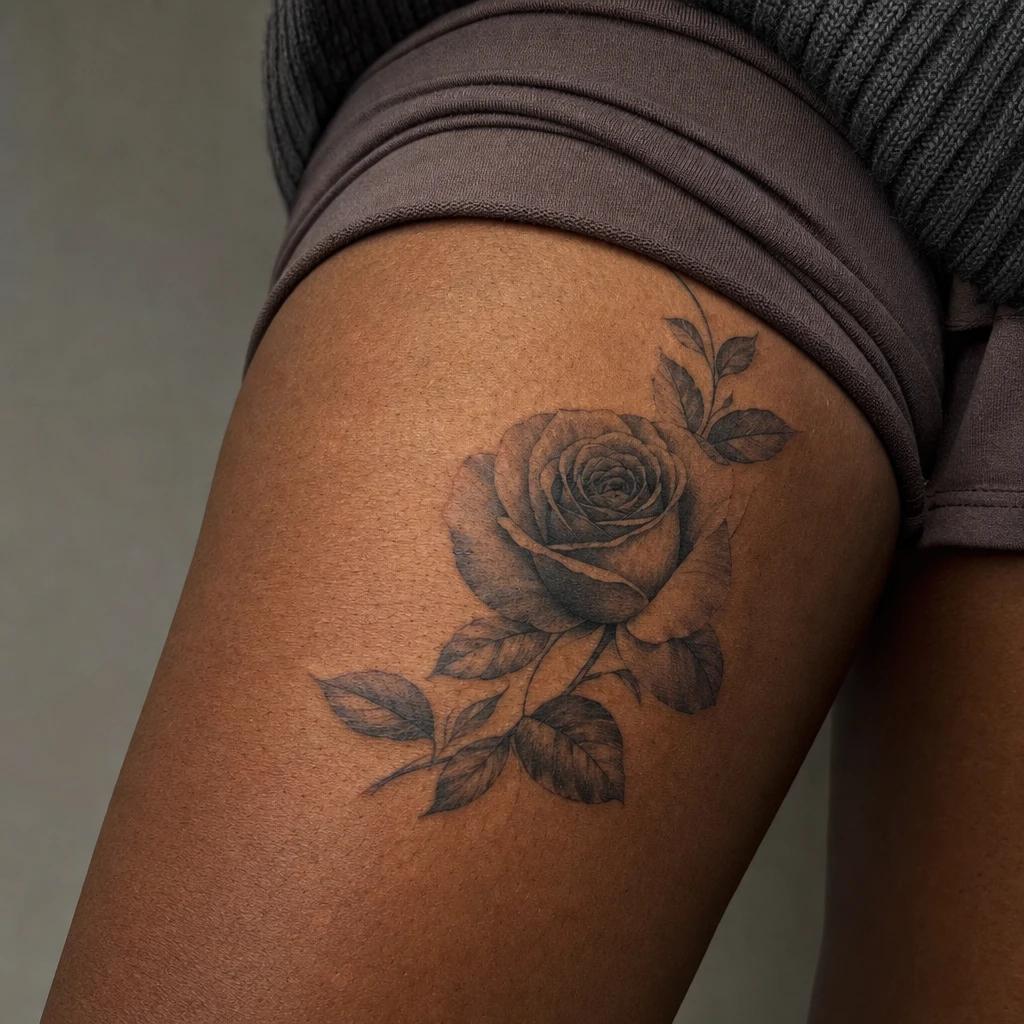 idée tatouage cuisse femme rose réaliste