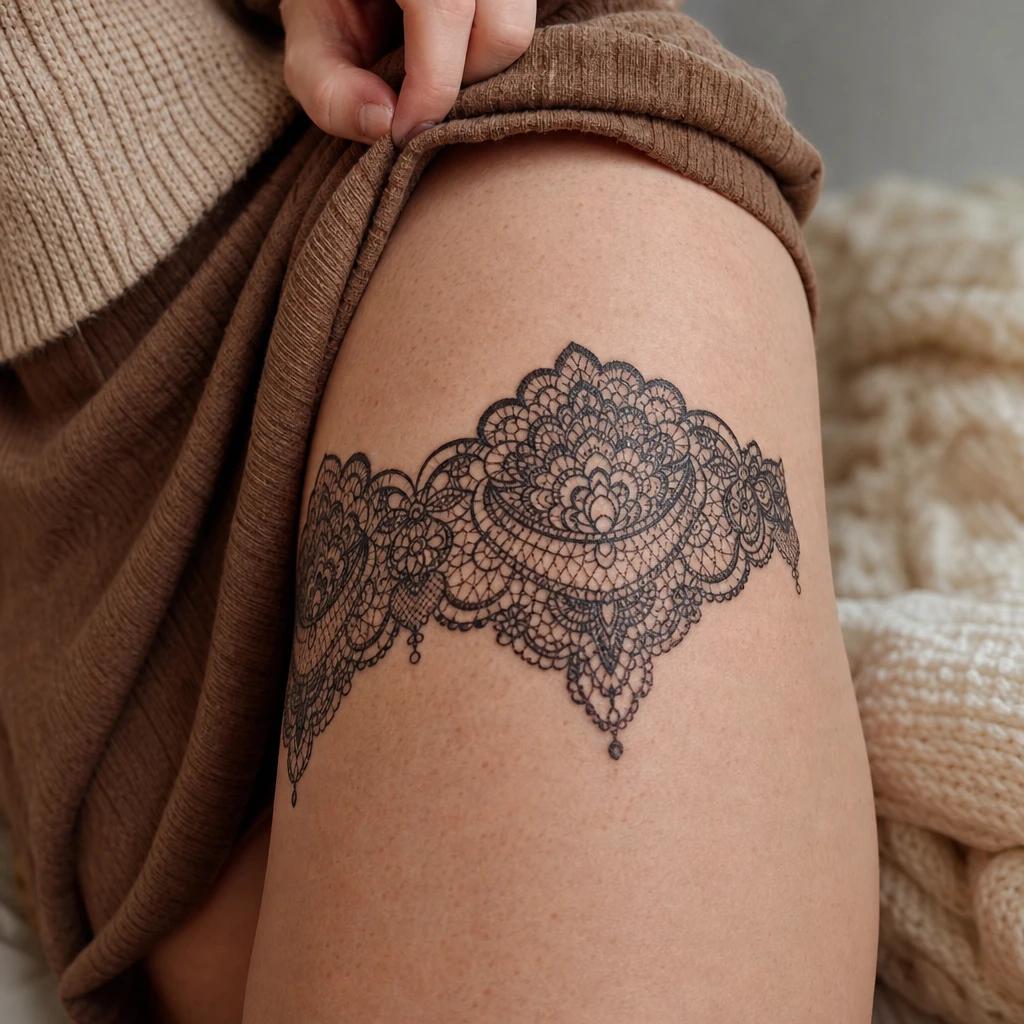 idée tatouage cuisse femme ornemental dentelle