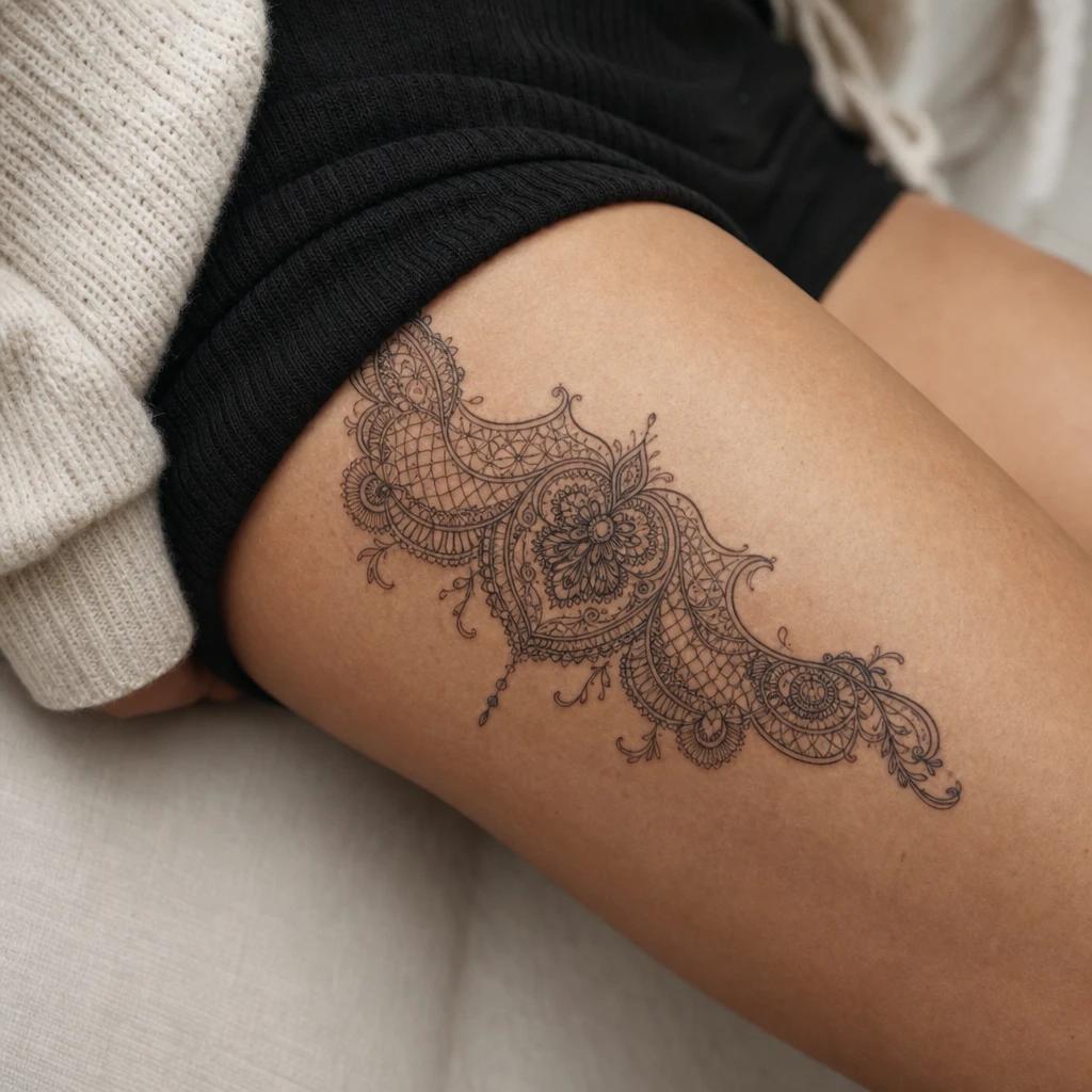 idée tatouage cuisse femme ornemental dentelle