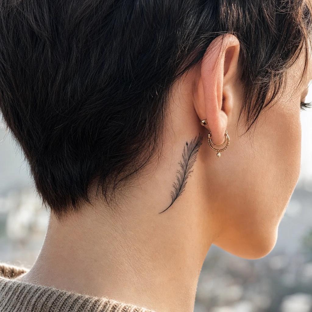 idée tatouage discret femme plume derrière l'oreille